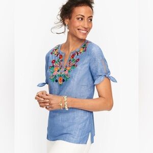 Talbots Linen Blend Blue Blouse with Floral Embroidery